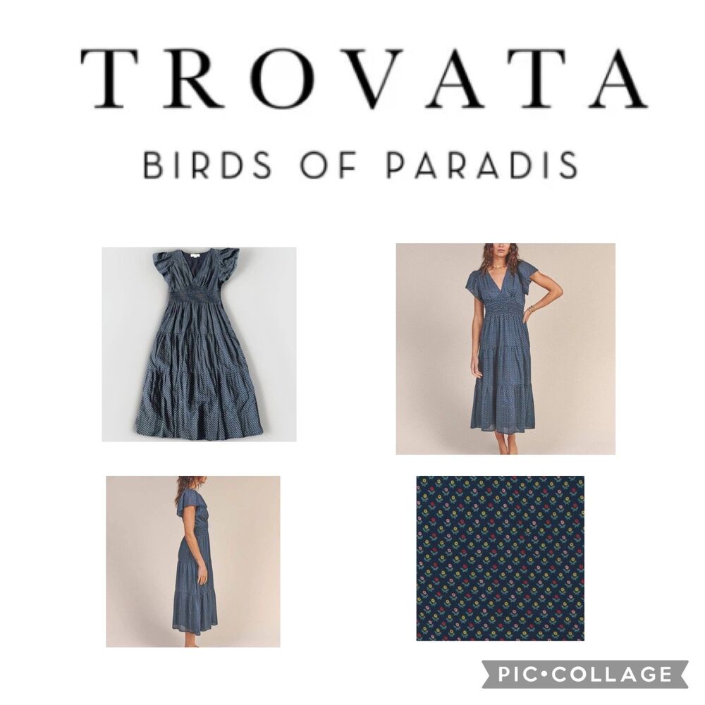 SZ L Trovata Birds of Paradis Kendall Blue Flutter Sleeve Midi Dress